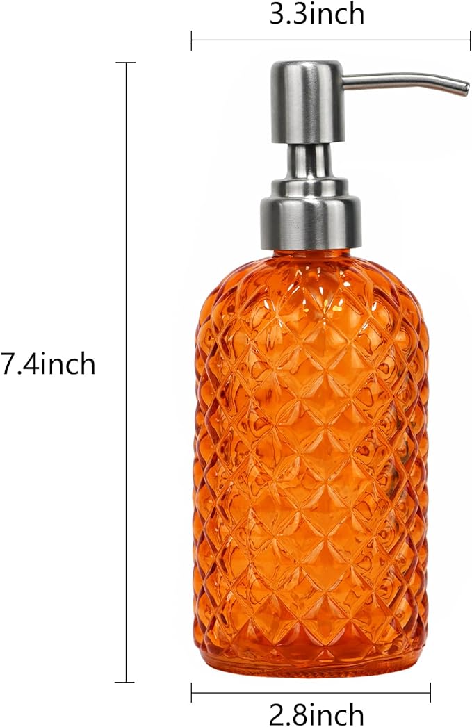 16 oz Diamond Pattern Glass Soap Dispenser, Kitchen and Bathroom Refillable Soap Dispenser with Rust Resistant Stainless Steel Pump for Hand Soap, Lotion Glass Liquid Dispenser (Orange-2pack)