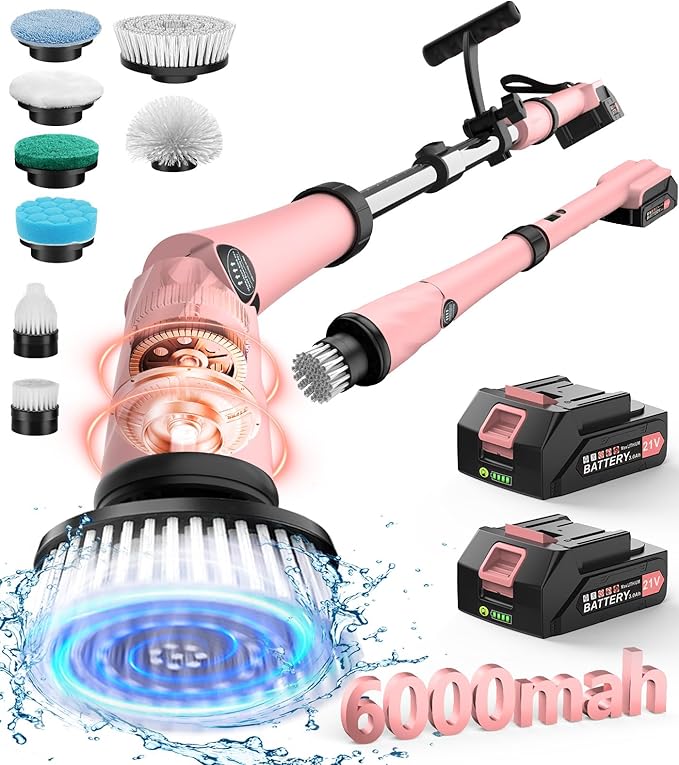 Pink Electric Spin Scrubber High Power 1200rpm, 6000 mAh Electric Scrubber for Cleaning Bathroom, Cordless Shower Scrubber Clean Brush, Floor Scrubber W/8 Brushes Tub Tile House Deep Cleaning
