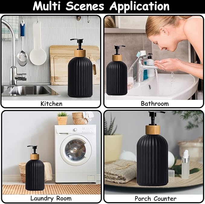Black Glass Soap Dispenser Set with Bamboo Pump, 13.5oz Refillable Liquid Hand Soap Dispenser, Lotion Dish Soap Dispenser for Modern Home Decor, Bathroom, Kitchen Countertop, Hotel(2 Pack)