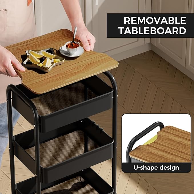 3 Tier Rolling Cart with Table top, Metal Utility Cart, Sturdy Storage Organizer Cart with Locking Wheels & Hooks for Office, Classroom, Kitchen and Bathroom