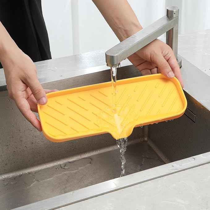 Silicone Bathroom Soap Dishes with Drain Spout-Bathroom and Kitchen Sink Organizer,Sponge Holder,Dish Soap Tray,Perfect for Dispenser,Scrubber,Bottle,Cup on Sink or Counter-Yellow 12"×4"