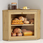 Goozii Bamboo Corner Bread Box for Kitchen Counter, 2 Tier Bread Keeper Wooden Round, Farmhouse Bread Storage Bin for Kitchen Countertop, Counter Organizer for Bread, Cup, Fruit, Spice, Snack