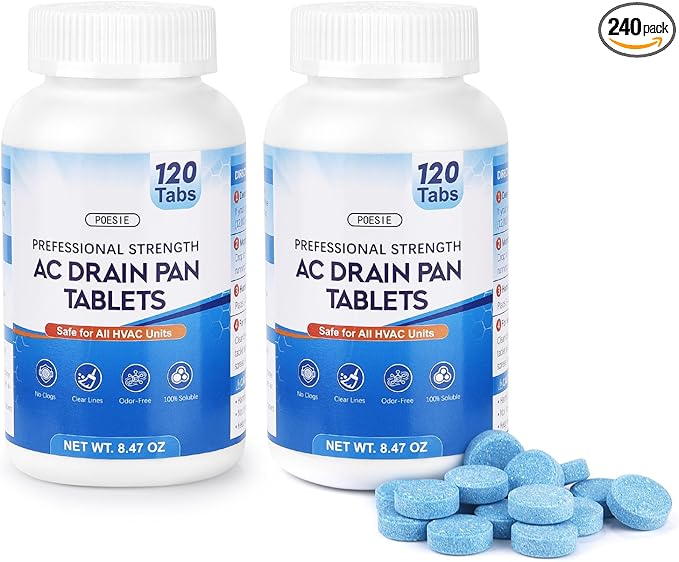 Poesie AC Drain Pan Tablets 240 Count, Condensate Tablets, Non-Clog Pan Cleaner, Effective Odor Control for All HVAC, Dehumidifiers and Appliance Pans