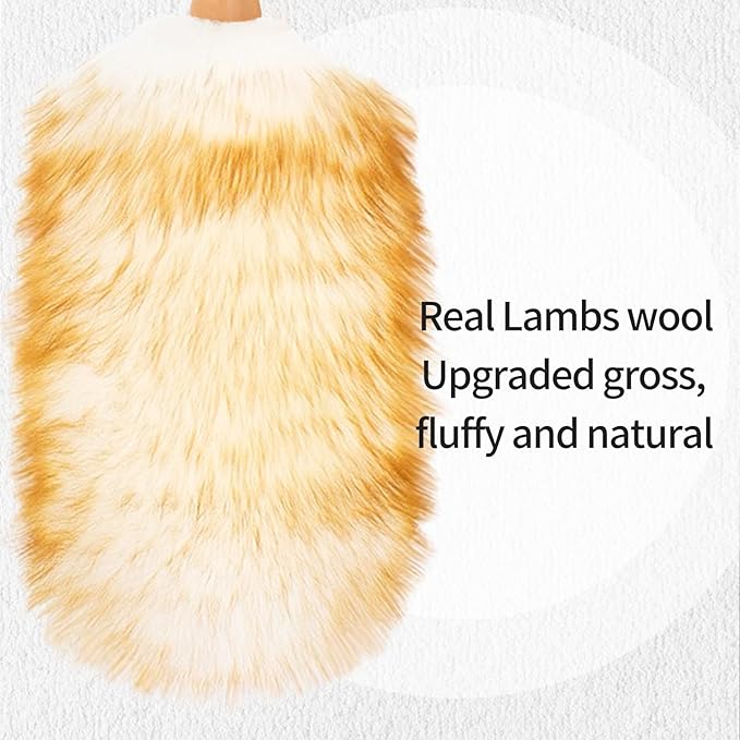 Lambswool Duster with Solid Wooden Handle,Leather Hang Strap,Comfortable Grips 19.6 inch Long Natural Feathers Dusters for Cleaning Wall Plant Desk Blind Cleaner Duster Tool