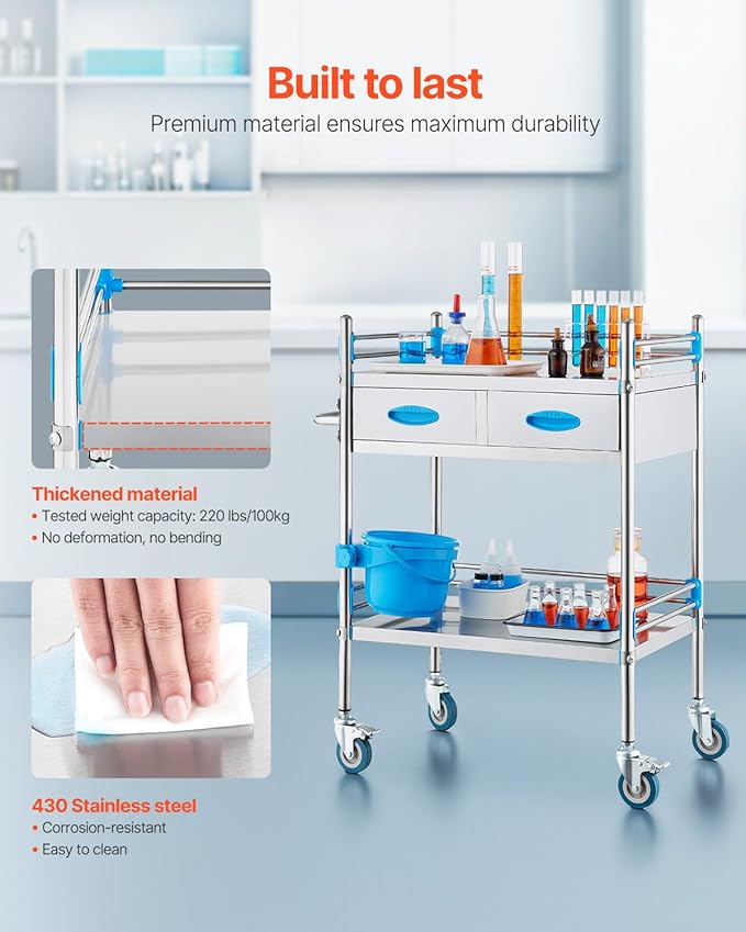 VEVOR Stainless Steel Utility Cart, 2 Layers with Two Lockable Wheels, Ideal for Laboratory, Hospital, Dental Use