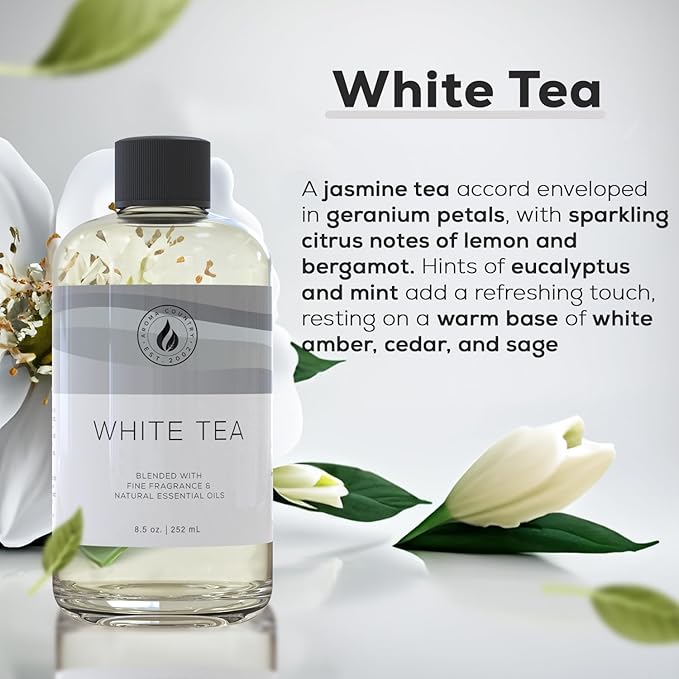 Aroma Country White Tea Diffuser Oil - Luxury Essential Oils for Diffuser Refill & Air Freshener Room Spray, Long-Lasting, Natural Home Fragrance and Hotel Scent for Diffusers & Machines (8.5 Fl Oz)