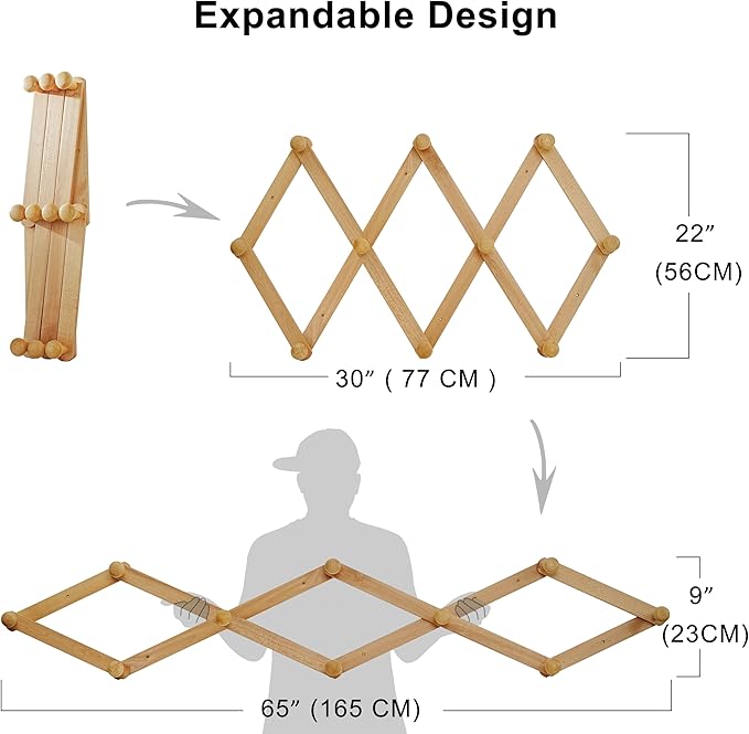 Dseap Expandable Coat Rack (Larger Version) - 24” High, Anti-Slip, Ultra Heavy Duty Wooden Accordian Wall Hanger with 10 Study Peg Hooks for Clothing Hats Jackets Bags, Black/Natural