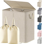Lifewit Double Laundry Hamper with Lid and Removable Laundry Bags, Large Collapsible 2 Dividers Dirty Clothes Basket with Handles for Bedroom Laundry Room Closet Bathroom College, 136L Beige