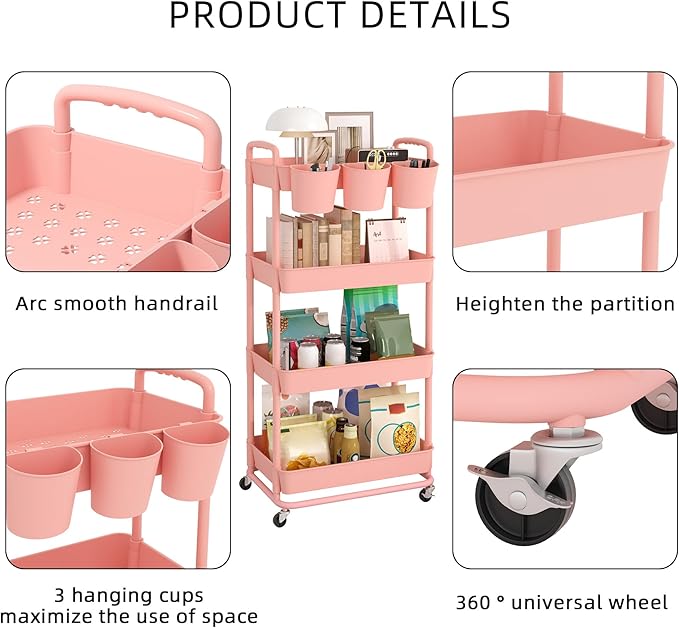 JIUYOTREE 4-Tier Plastic Rolling Storage Cart Utility Cart with Extra Hanging Cups Handles Lockable Wheels for Living Room Bathroom Kitchen Office Pink