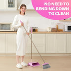 JOYMOOP Pink Broom and Dustpan Set, Upright Angle with Built-in Comb Teeth for Kitchen, Lobby, Pet Hair and Hard Floors