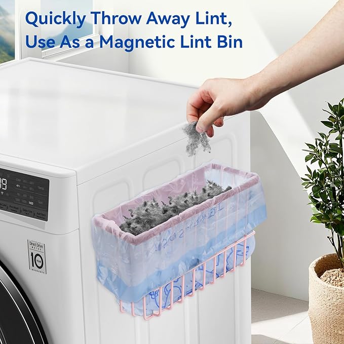 Magnetic Dryer Ball Holder and Magnetic Hanger Holder for Laundry Room Organization and Storage, Magnetic Lint Bin for Laundry Room, Iron Basket Dryer Ball Container for Laundry Room Storage (Pink)