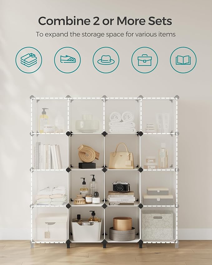 SONGMICS 6 Cube Storage Organizer, Modular Bookshelf, DIY Closet Organizers and Storage, Plastic Stackable Shelves, 11.8 x 11.8 x 11.8 Inch Cubes, with Feet and Rubber Mallet, Cream White ULPC111M01