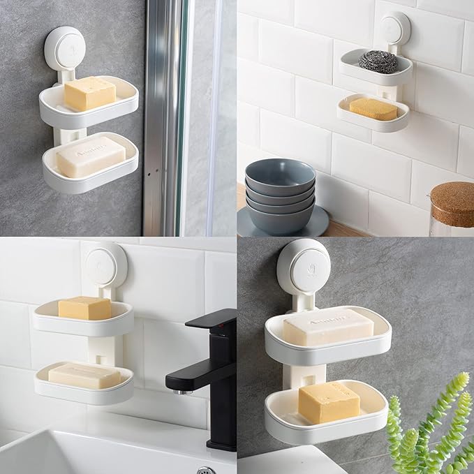 LEVERLOC Soap Dish Holder for Shower Double Layer Suction Cup Wall Mounted NO-Drilling Self Draining Removable Waterproof Strong Suction Bar Soap Sponge Holder for Shower Bathroom Bathtub Kitchen