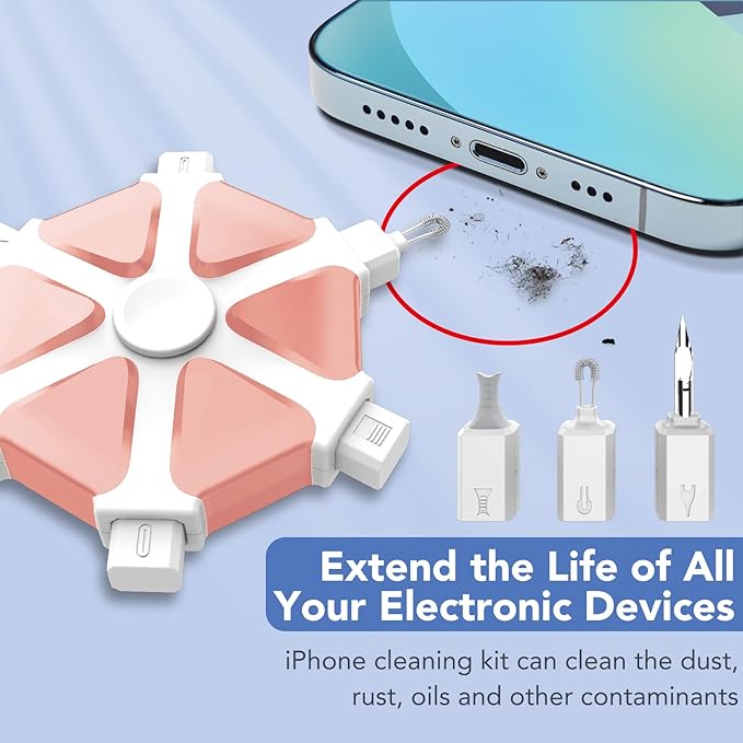 iPhone Cleaning Kit iPhone Cleaner,Charging Port Cleaning Multi-Tool,Phone Lightning Port Repair & Restore Tool,Cell Phone Cleaner for iPad Speakers Earbuds Cable, Pink