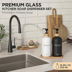 Hand and Dish Soap Dispenser Set,16oz Glass Bottles with Printed Labels, Bamboo Tray & Pump,Countertop Soap Dispensers for Kitchen,Luxury, Minimalist & Farmhouse Decor (Hand Dish (Black/White))