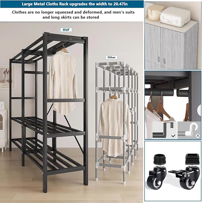 Heavy Duty Covered Clothes Rack with Magnetic Door Foldable Portable Wardrobe Closet for Hanging Clothing Rolling Black Metal Garment Rack on Wheels Closet System (Gray, 65.9in)