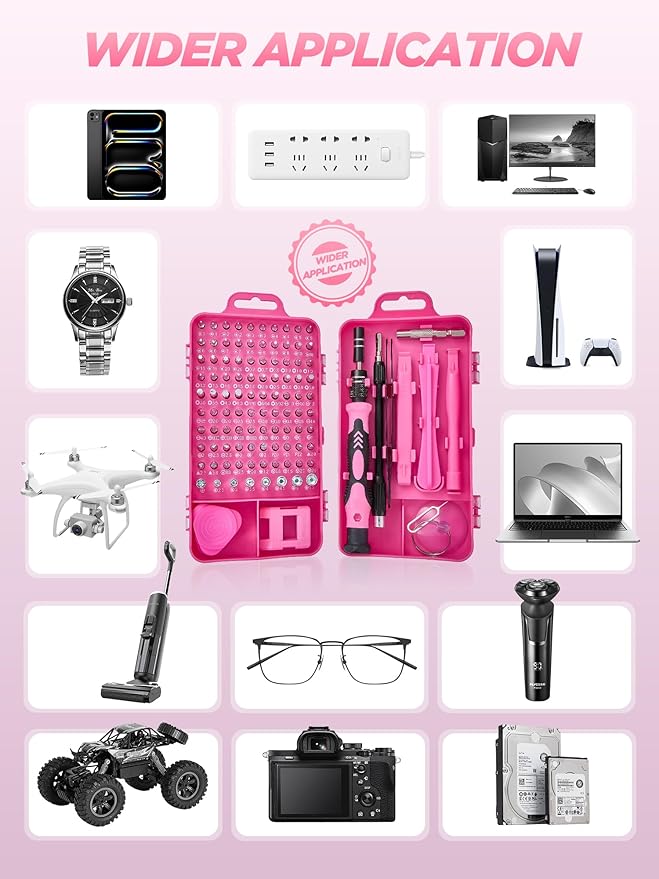 Pink Cordless Drill Set 215 Pcs, 21V Pink Power Drill Tool Set Kit with Storage Bag, Electric Drill Set for Women, Precision Screwdriver set, Magnetic Tool Belt, ToolBox for DIY Projects