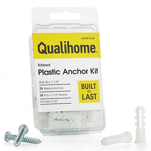 Qualihome Ribbed Plastic Drywall Anchor Kit, Wall Anchors and Screws for Drywall Includes Anchors, & Screws, 1 Masonry Drill Bit, Mounting Tolls for Decor, Shelving ([25 Pack] 14-16 x 1-1/4")