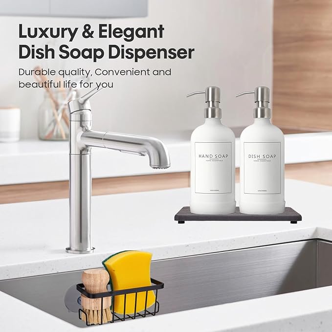 Kitchen Soap Dispenser Set with Instant Dry Tray & Sponge Holder,16 Oz Hand and Dish Soap White Glass Dispenser Set,Stainless Steel Pump,Waterproof Labels,Luxury Soap Bottle for Bathroom