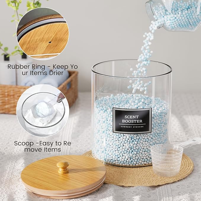 HomePekite 2 Pack Glass Laundry Pods Container, Clear Laundry Room Organization Containers with Lids & Labels, Powder Laundry Detergent Container for Scent Booster, Powder
