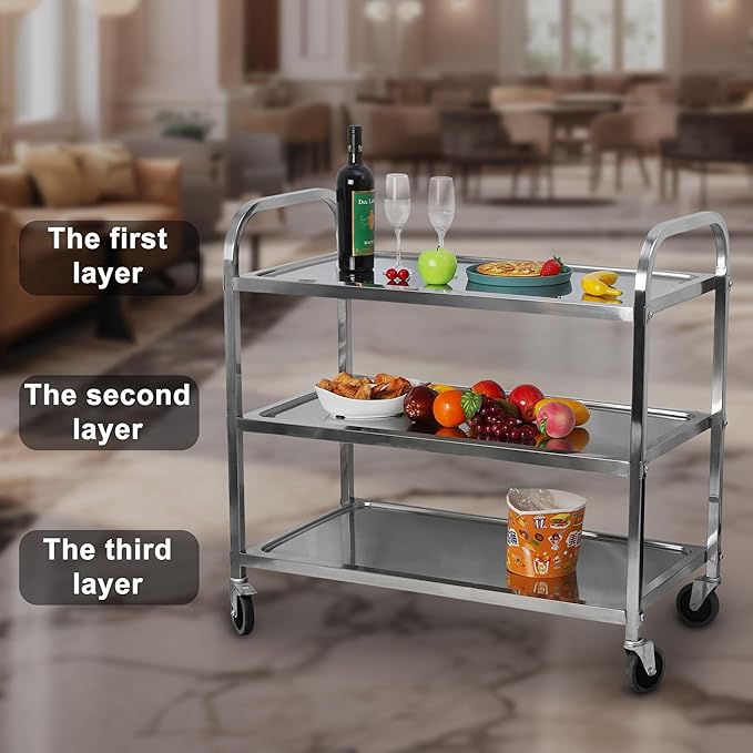 uyoyous 3 Tier Large Heavy Duty Stainless Steel Utility Cart 37"x20"x37" Industrial Serving cart with 360°Rotation Wheels Kitchen Island Stainless Steel Storage Trolley for Hotel Restaurant Home Use
