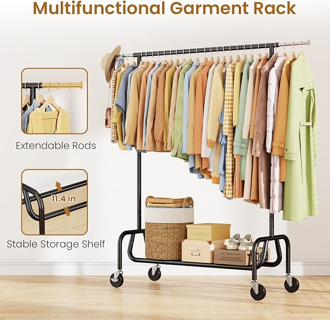 Clothes Rack with Wheels, Rolling Clothing Rack with Shelf, Heavy Duty Clothes Racks for Hanging Clothes, Metal Standing Garment Racks, Black