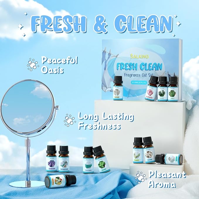 SALKING Clean Fragrance Oils Set, 12 x 10ml Premium Essential Oils Set for Diffuser, Natural Clean Scents Scented Oils, Soap & Candle Making Scents, Aromatherapy Oils Collection