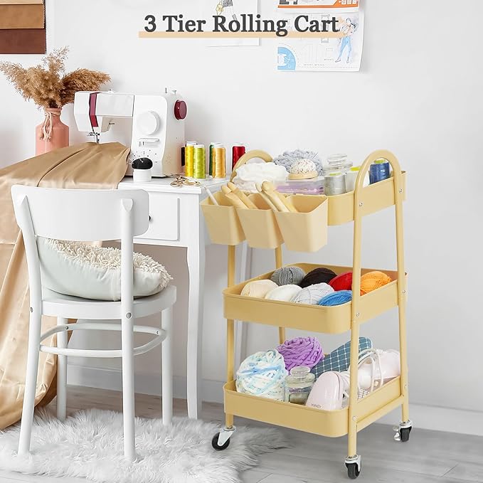 danpinera 3-Tier Rolling Cart, Metal Rolling Storage Cart with Lockable Wheels & Hanging Cups & Hooks, Mobile Trolley for Kitchen, Bathroom, Office, Workshop, Yellow