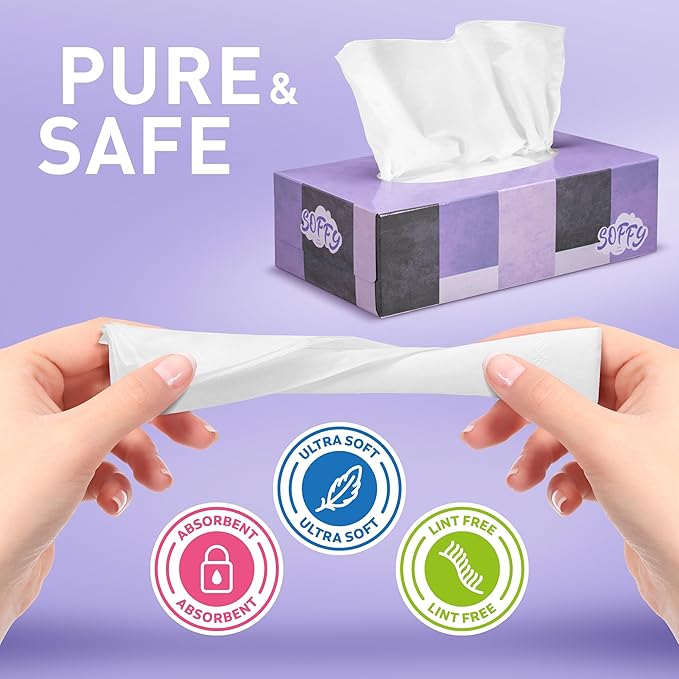 Facial Tissues, 2 Ply White - 130 Per Box, Car and Travel, Face Tissue 7.5" x 7.1", (Pack of 6) Tissue Box