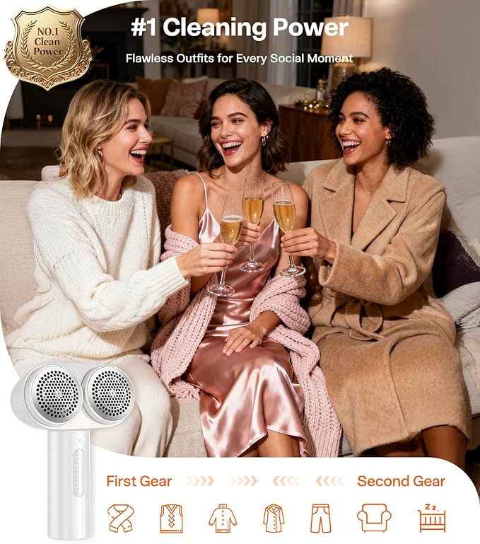 TORRAS Dual-Head Fabric Shaver, Longest Durability & 50ml Large Capacity Rechargeable Lint Removers to Remove Pills, 6-Leaf Blades Defuzzer, Electric Shaver for Clothes Couch Furniture, Pearl White