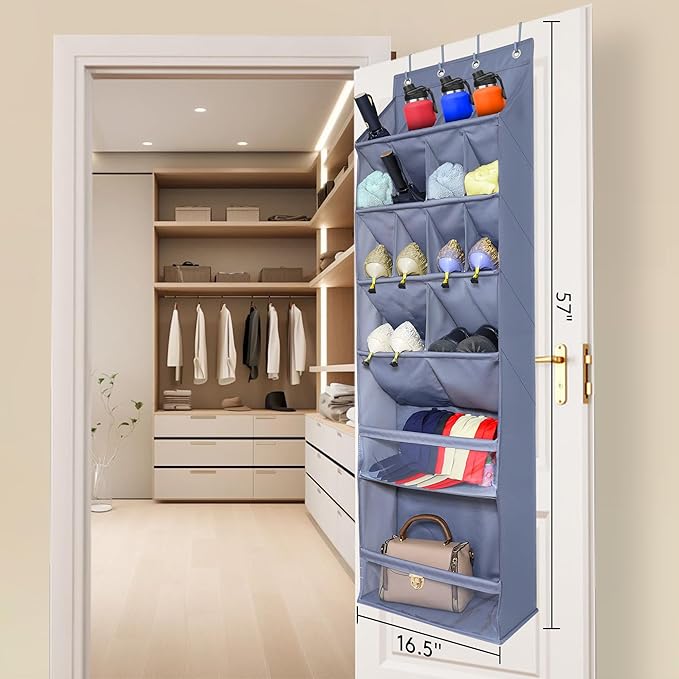 Over The Door Shoe Organizer, Hanging Shoe Rack with 16 Deep Pockets, Wall Shoe Storage for Closet and Narrow Door, RV Storage and Organization, Grey
