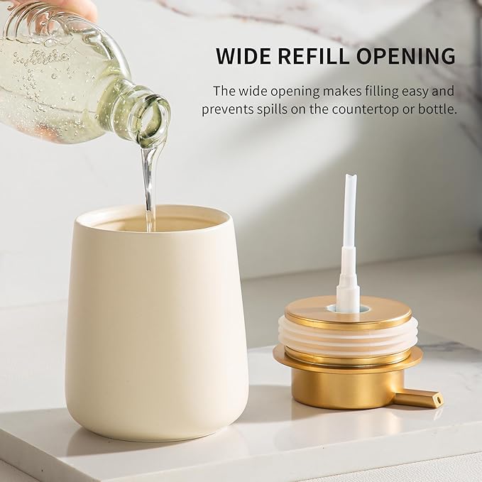 Enra Ceramic Soap Dispenser,12 oz Hand Lotion Dispenser with Gold Pump,Refillable Dish Soap Dispenser,Modern Liquid Soap Dispenser for Bathroom,Kitchen with Easy-to-Press Pump(Beige Liquid Glod Pump)