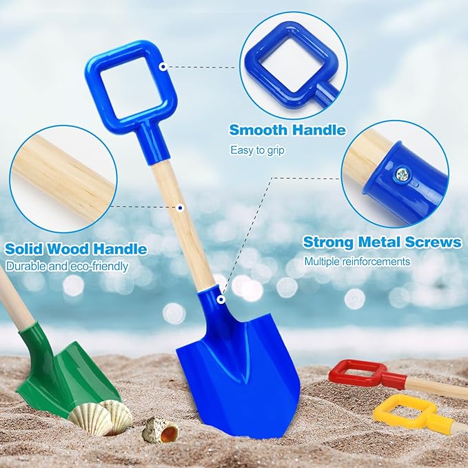 Mototo 8 Pack Beach Shovels, 16'' Plastic Beach Sand Toys Spade Scoop Gardening Tools Kit Sandbox Wooden Handle Spades for Kids Adults Garden Outdoor Snow Backyard Sand Summer