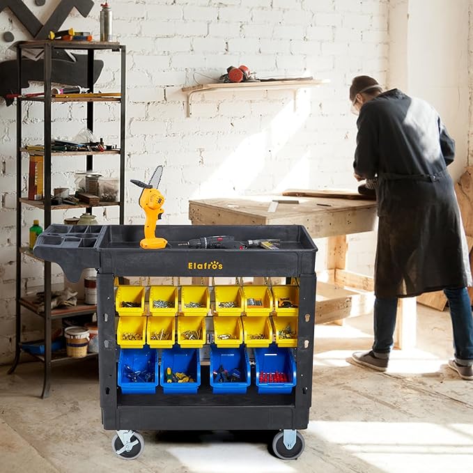 Elafros 2-Tier Utility Cart with 32 Storage Bins – Heavy-Duty Rolling Service Cart with Deep Tub Shelves, Locking Wheels, 550 lbs Capacity, 40.7"x17", for Workshop, Garage, Office