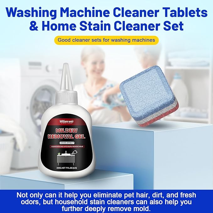 Upgraded Washing Machine Cleaner Tablets 32 Pack, 1+Year Supply, Formulated for Pet Owner, Compatible with HE,Top&Front Load Washer, Washing Machine Cleaner Pro with Mold Stain Remover Gel