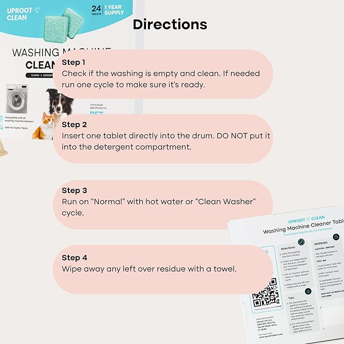 Uproot Clean Washing Machine Cleaner Tablets Ultra - 40% Stronger Formula: Designed for Pet Owners, Remove Residue, Grime & Odors, Compatible with HE, Top & Front Load, 24 Pack - 12 Month Supply