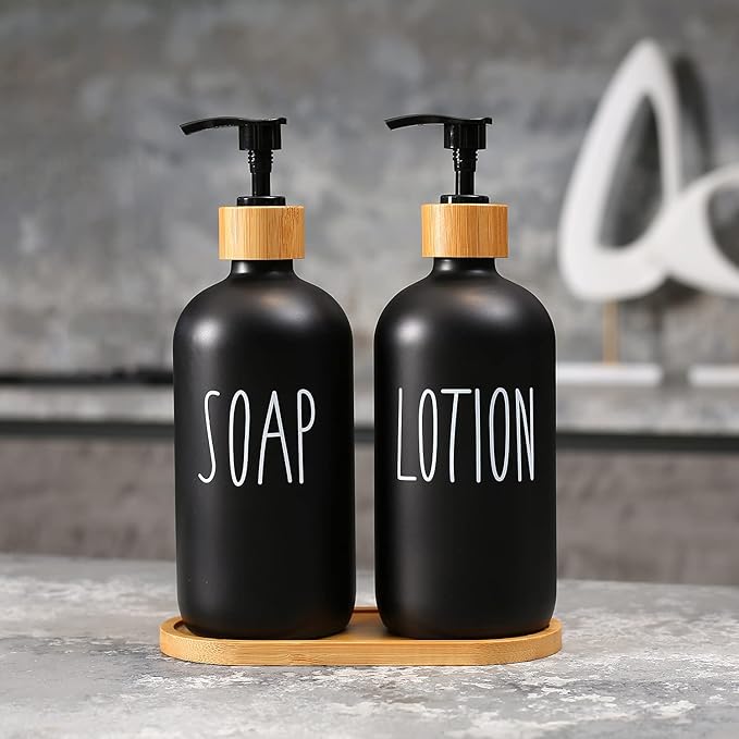 MOMEEMO Black Soap Dispenser Bathroom Set, Hand Soap and Lotion Set Suitable for Bathroom Decor. (Black)