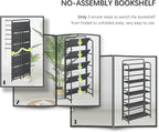 4NM No Assembly Folding Bookshelf 5 Tiers Vintage Industrial Black Book Shelf Metal Foldable Storage Bookcase and Bookshelves for Living Room,Bedroom and Kitchen - Black