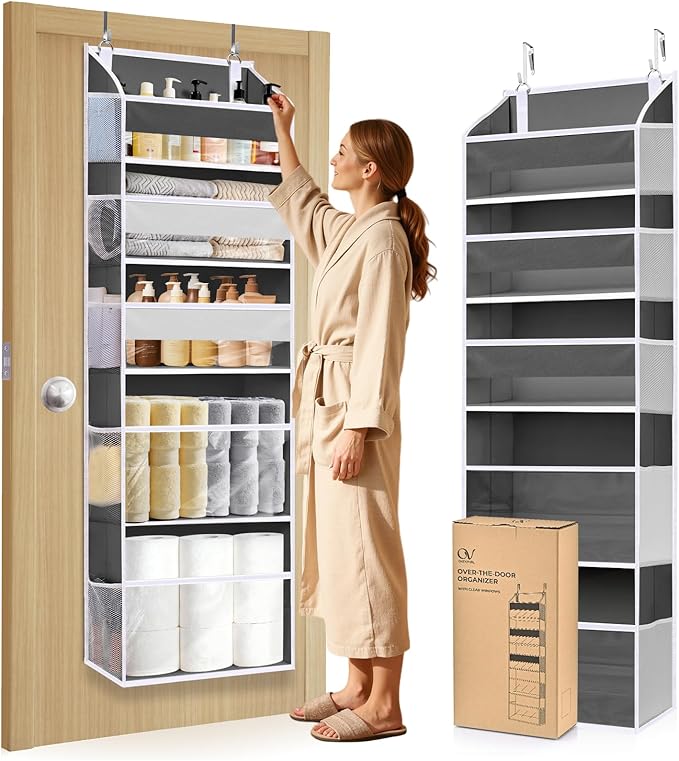 5 Tiers Over Door Organizer with 10 Mesh Side Pockets, 50 lbs Weight Capacity Hanging Storage Organizer with Clear Window Kids Toys, Shoes, Diapers, Dark Gray