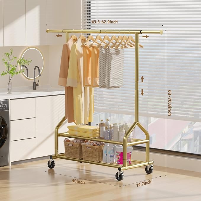 EAGMAK Heavy Duty Clothes Rack Load 556 LBS, Rolling Clothing Rack With Shelves, Height Adjustable Metal Clothes Hanger with Wheels Portable Wardrobe Organizer Garment Rod for Hanging Clothes (Gold)