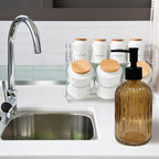 Brown Glass Soap Dispenser Set with Black Pump, 13.5oz Refillable Liquid Hand Dispenser, Vertical Stripe Lotion Dish Soap Dispenser for Modern Home Decor, Bathroom, Kitchen Countertop, Hotel(2 Pack)