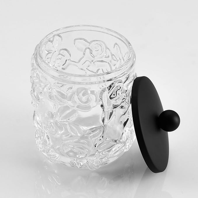 Clear Transparent Apothecary Floral Embossed Glass Jar With Matte Black Metal Lid Cover for Bathroom Organization, Cotton Balls, Q Tips, and Small Accessories, Bathroom Storage