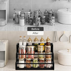 AT-VALY 3-Tier Spice Rack, Iron&MDF Kitchen Storage Shelf, Space-Saving Countertop Organizer for Spices, Herbs, Seasonings, Sturdy Stylish Condiment Holder,Countertop Wine Rack (Black Grain)