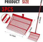 Lasnten 3 Sets Manure Fork with Long Metal Handle Pitch Fork Manure Rake Heavy Duty Muck Rake for Gardening Horse Stall Stable Grass Hay Cleaning Farm Work(Red)
