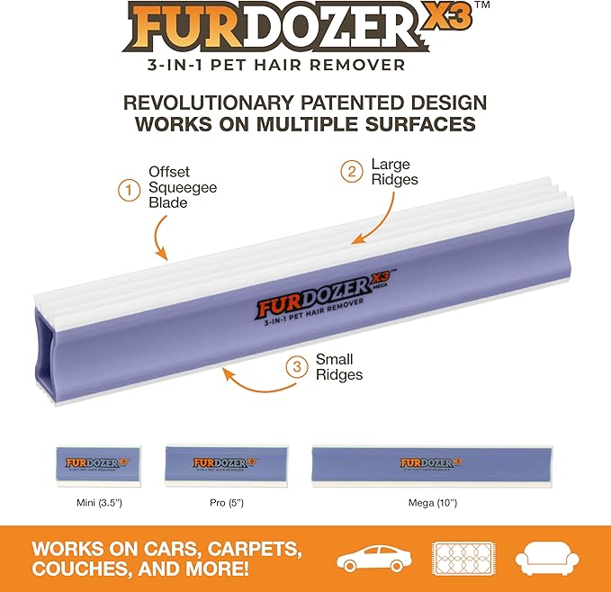 FurDozer Pet Hair Remover & Auto Detailing Tools - Cat & Dog Hair Remover for Carpets, Car Interiors, Couches, Bedding, & Pet Furniture (Purple, X3 MEGA - 10" Long)