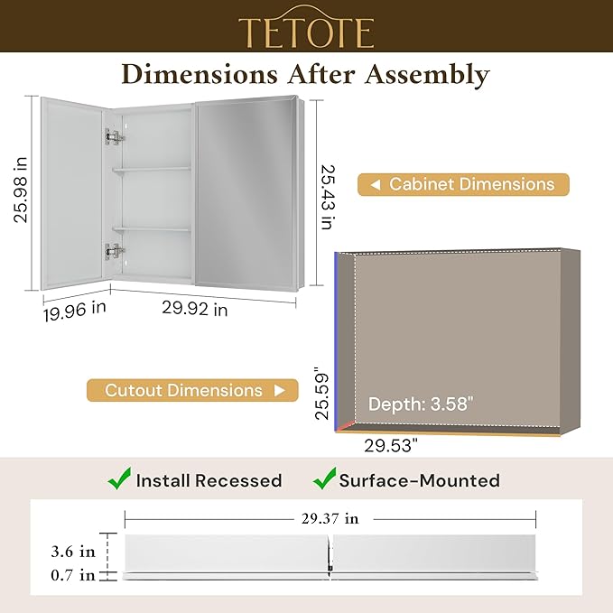 TETOTE 30 x 26 Medicine Cabinet with Tempered Beveled Mirror White Vanity Mirror with Storage Aluminum Cabinet DTC Hinges, Stepless Adjustable Shelves, Recessed/Surface-Mounted