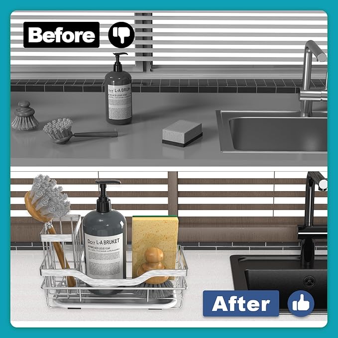 Vanwood Kitchen Sink Caddy Organizer Sponge Holder for Kitchen Sink, Rustproof Dish Soap Sponge Caddy for Counter with Detachable Brush Holder & Drain Tray - Storage Home & Cocina Accesorios, SILVER