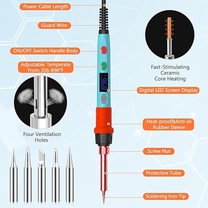 Soldering Iron Kit, 90W LED Digital Soldering Gun kit with Ceramic Heater, 110V Adjustable Temperature Solder Welding Iron Kits, Auto-sleep, Thermostatic Design, Blue