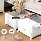 FOUCSSOMEI Under Bed Storage with Wheels, Rolling Under bed Storage with Metal Frame, Under Bed Shoe Storage for Space Saving, Zippered Clear Lid, Heavy-Duty Steel Base for Clothes, White,4XL 90L