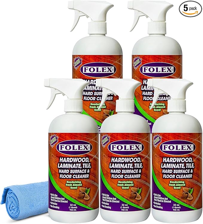 FOLEX Hardwood, Laminate, Tile, Hard Surface & Floor Cleaner with Reusable Cleaning Cloth, Fresh Almond Scent, Residue and Streak Free - 5 Pack